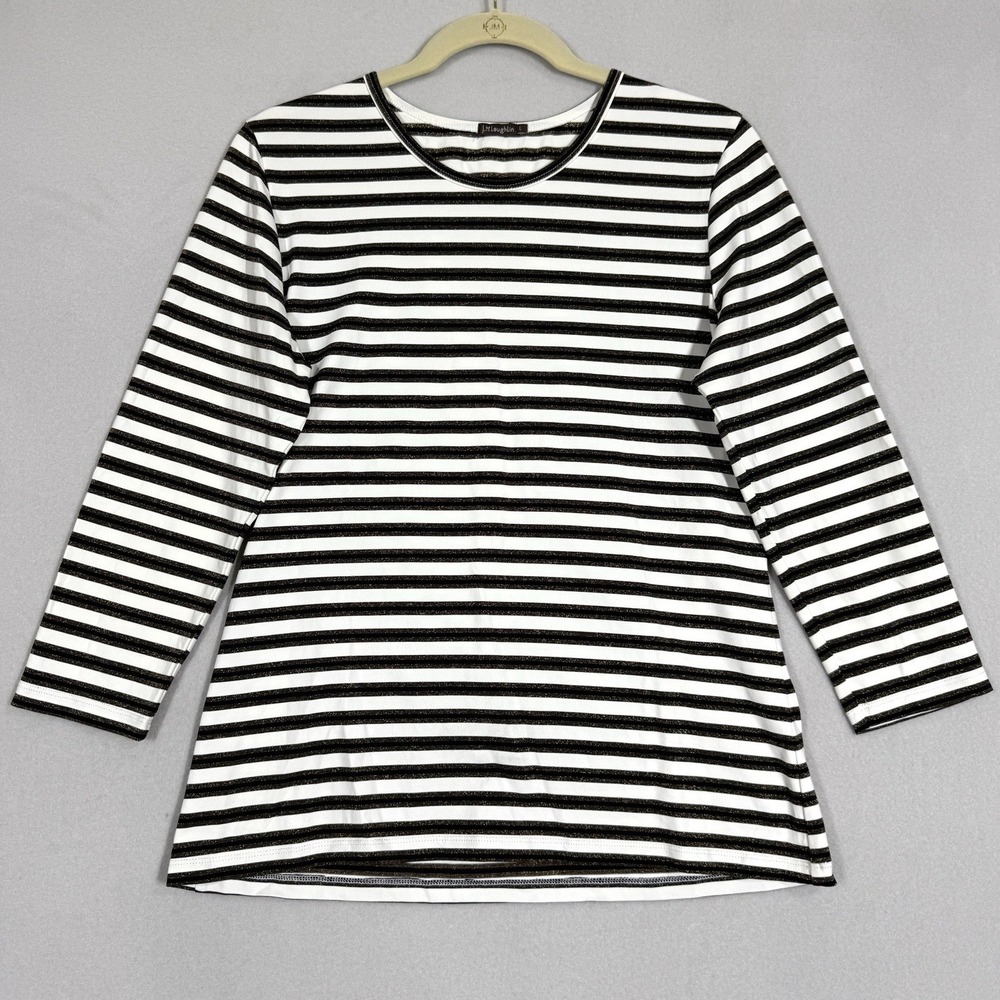 J McLaughlin Top Womens Large Small Catalina Cloth‎ Black Cream Metallic Stripe